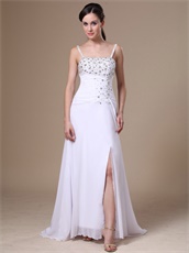 High Slit Beaded Decorate Spaghetti Straps White Chiffon Prom Dress Customize