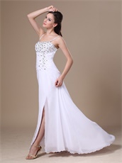 High Slit Beaded Decorate Spaghetti Straps White Chiffon Prom Dress Customize