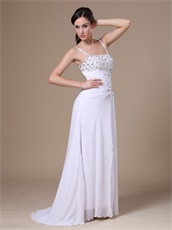 High Slit Beaded Decorate Spaghetti Straps White Chiffon Prom Dress Customize