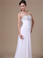 High Slit Beaded Decorate Spaghetti Straps White Chiffon Prom Dress Customize