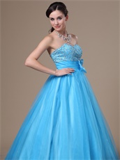 Bowknot Decorate Princess Tulle Aqua Blue Puffy Dance Ball Gown Boutique