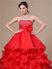 Featured Strapless Ruffled Multilayers Red Floor-length Military Ball Gown