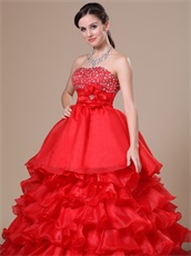 Featured Strapless Ruffled Multilayers Red Floor-length Military Ball Gown