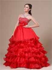 Featured Strapless Ruffled Multilayers Red Floor-length Military Ball Gown