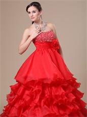 Featured Strapless Ruffled Multilayers Red Floor-length Military Ball Gown
