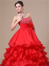Featured Strapless Ruffled Multilayers Red Floor-length Military Ball Gown