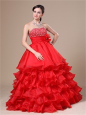 Featured Strapless Ruffled Multilayers Red Floor-length Military Ball Gown