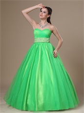 Brand New Sweetheart Beaded Waist Long Spring Green Ball Gown With Bowknot