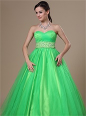 Brand New Sweetheart Beaded Waist Long Spring Green Ball Gown With Bowknot