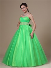 Brand New Sweetheart Beaded Waist Long Spring Green Ball Gown With Bowknot