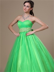 Brand New Sweetheart Beaded Waist Long Spring Green Ball Gown With Bowknot