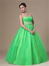 Brand New Sweetheart Beaded Waist Long Spring Green Ball Gown With Bowknot