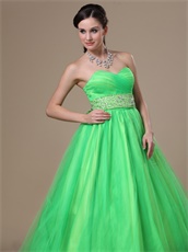 Brand New Sweetheart Beaded Waist Long Spring Green Ball Gown With Bowknot