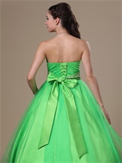 Brand New Sweetheart Beaded Waist Long Spring Green Ball Gown With Bowknot