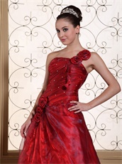 Luxury One Shoulder A-line Ballroom Dance Gown With Hand Made Flowers