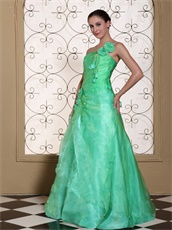 Memorable One Shoulder A-line Flowers Decorate Apple Green Pageant Gown