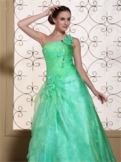 Memorable One Shoulder A-line Flowers Decorate Apple Green Pageant Gown