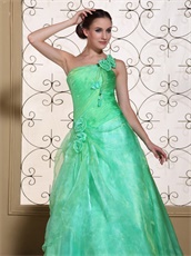 Memorable One Shoulder A-line Flowers Decorate Apple Green Pageant Gown