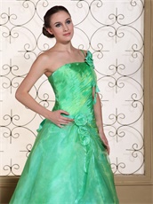 Memorable One Shoulder A-line Flowers Decorate Apple Green Pageant Gown