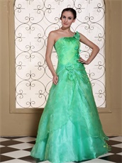Memorable One Shoulder A-line Flowers Decorate Apple Green Pageant Gown