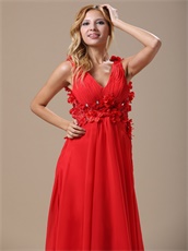 Glamorous Deep V-Neck Hand Made Flowers With Beading Decorate Red Prom Dress