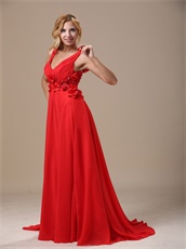 Glamorous Deep V-Neck Hand Made Flowers With Beading Decorate Red Prom Dress