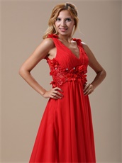 Glamorous Deep V-Neck Hand Made Flowers With Beading Decorate Red Prom Dress