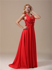 Glamorous Deep V-Neck Hand Made Flowers With Beading Decorate Red Prom Dress