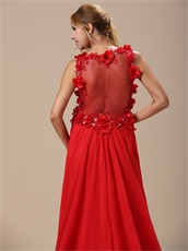 Glamorous Deep V-Neck Hand Made Flowers With Beading Decorate Red Prom Dress