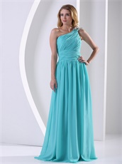 Left Single Strap Floor Length Aque Blue Formal Evening Dress High Quality