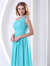 Left Single Strap Floor Length Aque Blue Formal Evening Dress High Quality