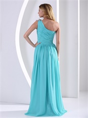 Left Single Strap Floor Length Aque Blue Formal Evening Dress High Quality