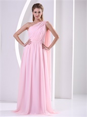 Stars Same Style One Shoulder Baby Pink Chiffon Prom Dress Watteau Train