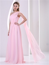 Stars Same Style One Shoulder Baby Pink Chiffon Prom Dress Watteau Train