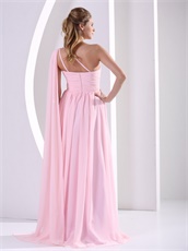 Stars Same Style One Shoulder Baby Pink Chiffon Prom Dress Watteau Train