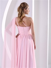 Stars Same Style One Shoulder Baby Pink Chiffon Prom Dress Watteau Train