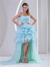 High-low Design Ruffles Light Blue Carnival Prom Gowns With Brush Train