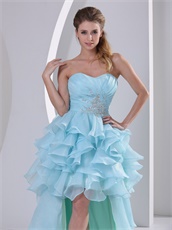 High-low Design Ruffles Light Blue Carnival Prom Gowns With Brush Train