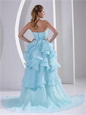 High-low Design Ruffles Light Blue Carnival Prom Gowns With Brush Train