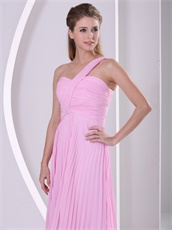 One Shoulder Pink Long Pleated Skirt Talk Show Gown Without Details