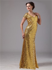 Shiny Gold Paillettes Covered Entire Skirt Cap Sleeves Vocal Concert Dress
