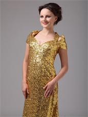 Shiny Gold Paillettes Covered Entire Skirt Cap Sleeves Vocal Concert Dress