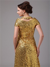 Shiny Gold Paillettes Covered Entire Skirt Cap Sleeves Vocal Concert Dress