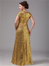 Shiny Gold Paillettes Covered Entire Skirt Cap Sleeves Vocal Concert Dress