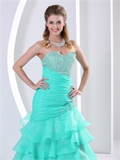 Radial Beaded Waist Layers Skirt Aque Blue Quinceanera Ceremony Gown Show Leg