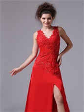 Exquisite V-neck Appliques Side Cut-outs Red Prom Gowns Attend Opera Show
