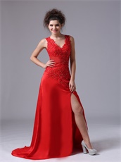 Exquisite V-neck Appliques Side Cut-outs Red Prom Gowns Attend Opera Show