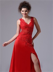 Exquisite V-neck Appliques Side Cut-outs Red Prom Gowns Attend Opera Show