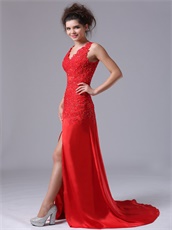 Exquisite V-neck Appliques Side Cut-outs Red Prom Gowns Attend Opera Show