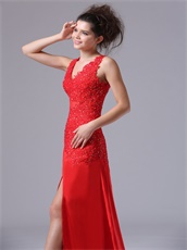 Exquisite V-neck Appliques Side Cut-outs Red Prom Gowns Attend Opera Show